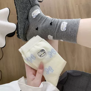 初秋无骨袜子植绒韩系可爱卡通蝴蝶结猫咪中筒袜子百搭女袜棉袜