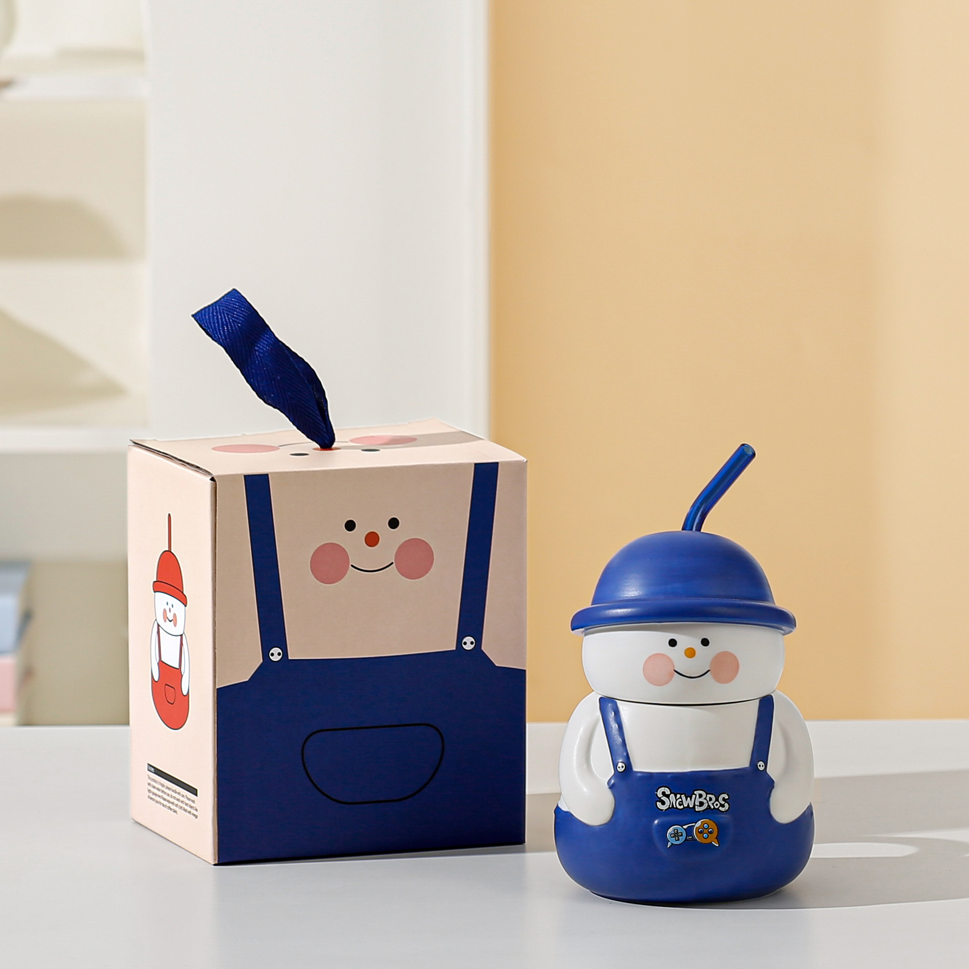 Personalidad creativa de dibujos animados muñecos de nieve hermanos taza de paja de alta cara de cerámica acompañante regalo de mano taza de marca taza de Navidad transfronteriza