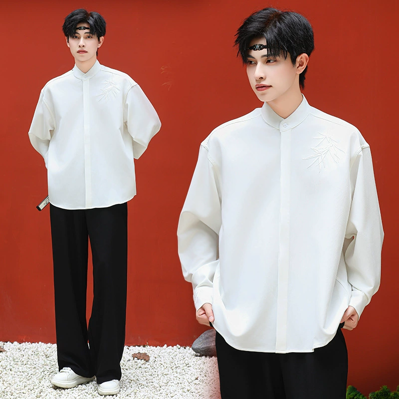 Реальная стрельба Национальный стиль элементы ретро вышитый топ с длинными рукавами эластичный черный брюки мужской костюм