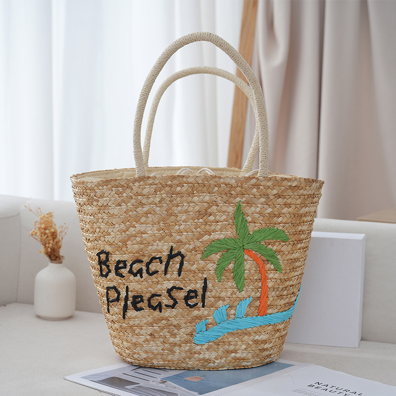 新しい夏の編みバッグ、麦わらバッグ、海辺の休暇にぴったりの編み刺繍入りレディース麦わらバッグ、インスタ映えするハンドバッグ