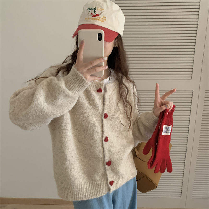 24 invierno Puyuan coreano amor gris botón de punto Cardigan mujeres perezosas viento 2024 otoño invierno