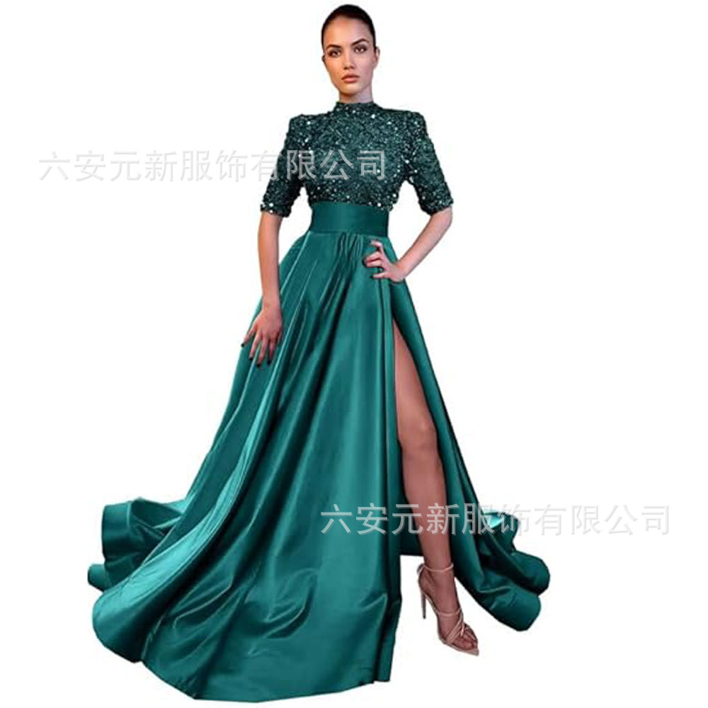 Europeo y americano Amazon AliExpress vestido de fiesta media manga lentejuelas satén vestido de noche A-line vestido de fiesta de hendidura image 31