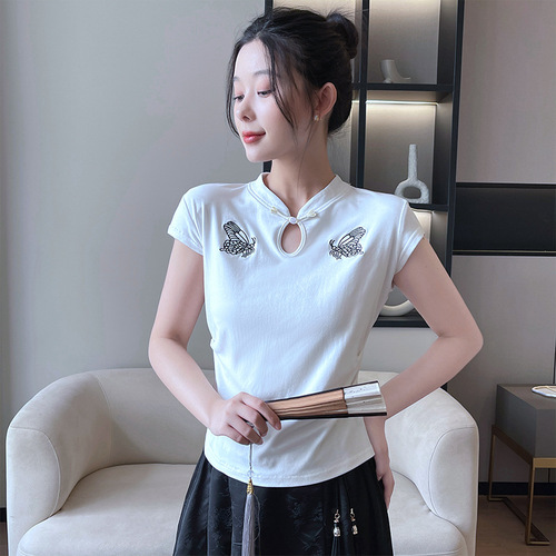 New Chinese style short-sleeved T-shirt for women spring and summer new slim-fitting buttoned sweater national style pleated waist sweet top