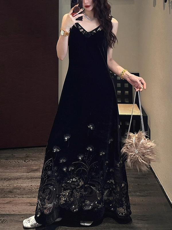 【花本汐】丝绒蕾丝刺绣拼接连衣裙|undefined