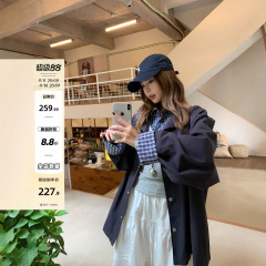 宋正恩藏蓝色格子拼接外套女秋季2025新款韩里韩气的宽松大版上衣
