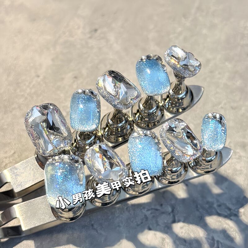Sparkling Full Diamond Blue Fireworks Cat Eye Little Boy Nail Art Pure Handmade Wearable Nails Removable Patches 894