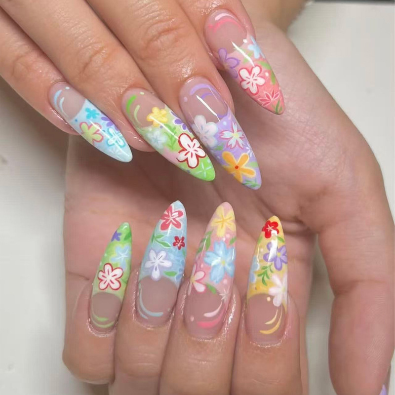 Spring and Summer Colorful Floral Graffiti Long Pointed French Design Nail Art Removable Wearable Nail Tips