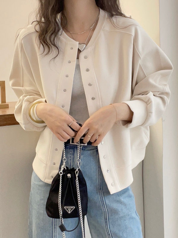Sweatshirt Cardigan Short Jacket Women's European Station Spring and Autumn New Fashion Casual Loose Large Size Round Neck Baseball Uniform