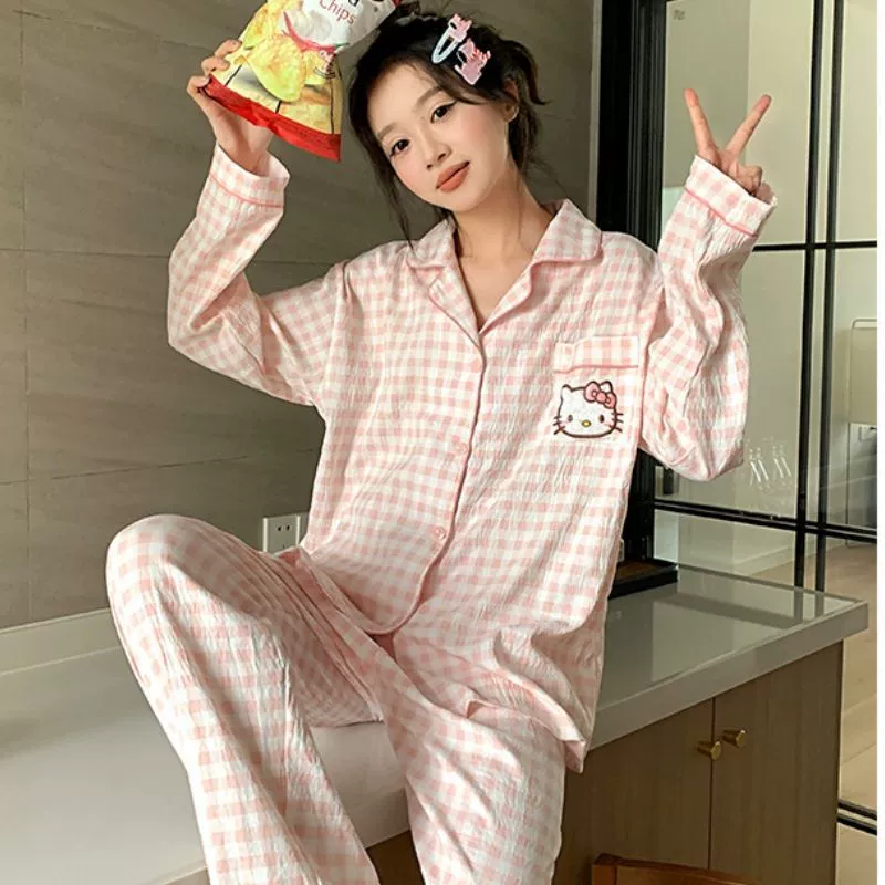 Осенняя милая пижама Hello Kitty, фуксиевая кардиган-стиль, различные принты, размеры M–XXL