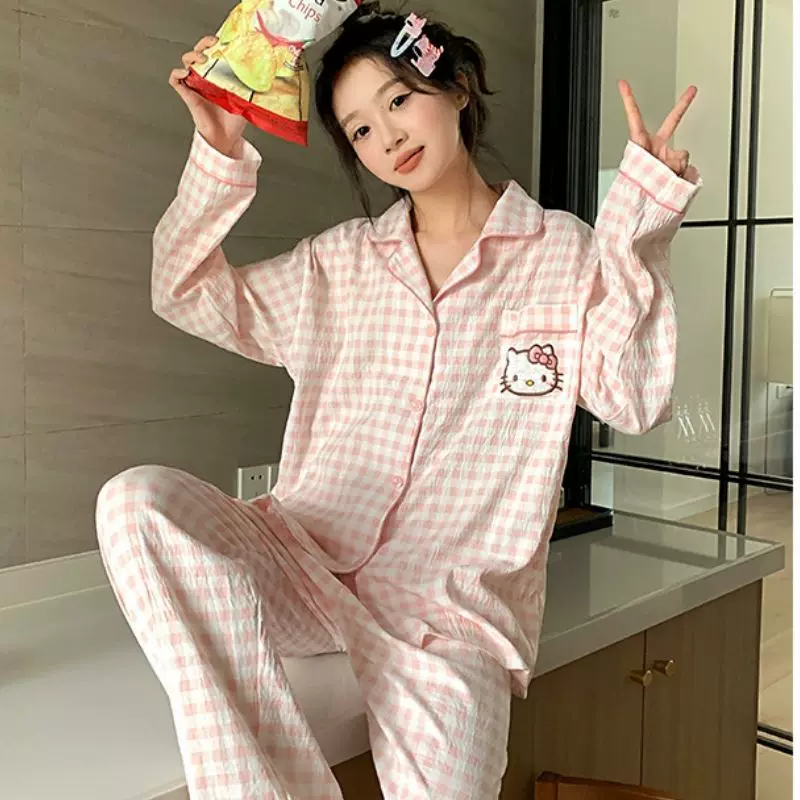 Осенняя милая пижама Hello Kitty, фуксиевая кардиган-стиль, различные принты, размеры M–XXL