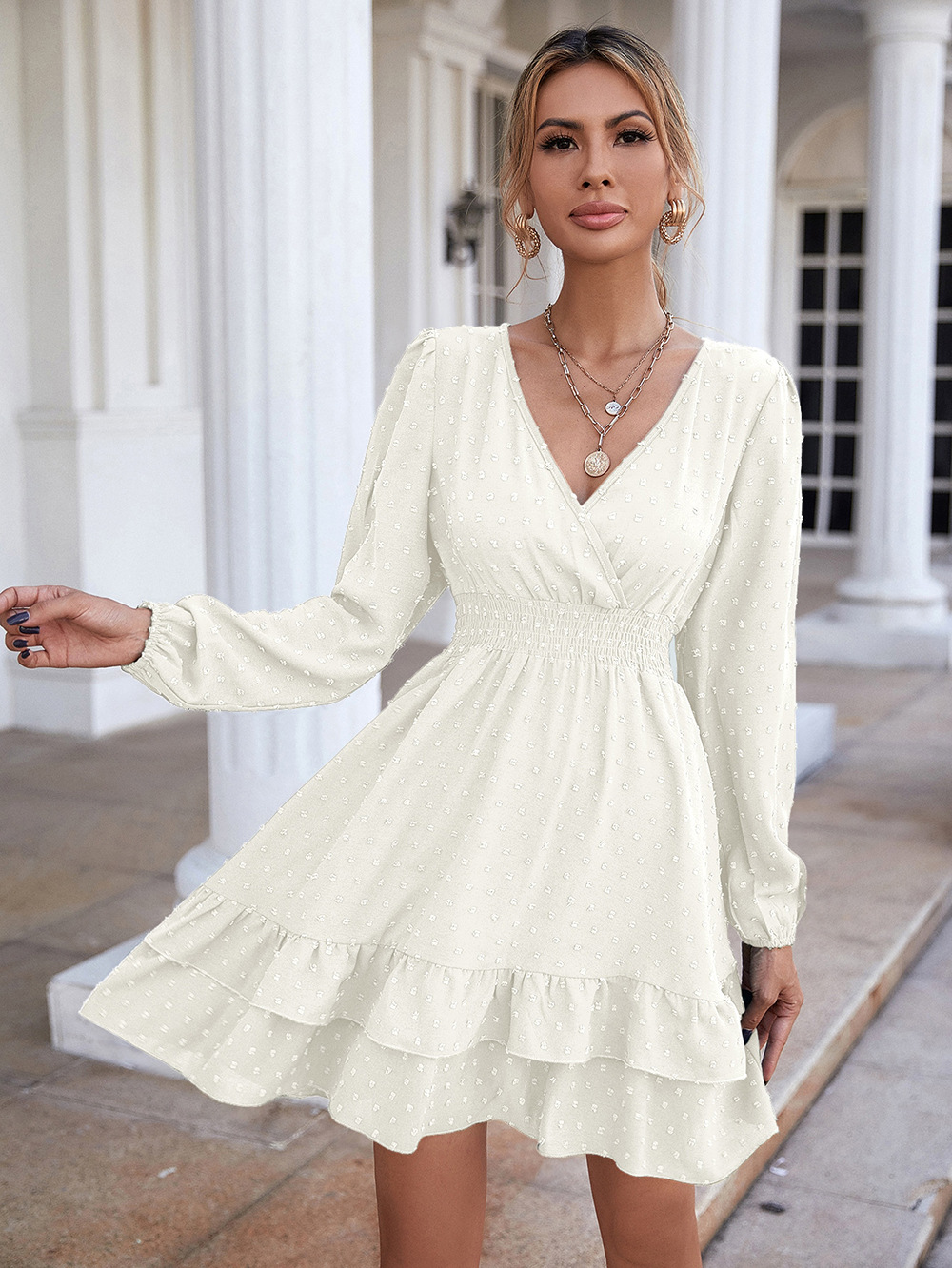 V-neck long-sleeved ruffled slim solid color dress NSNCK118644