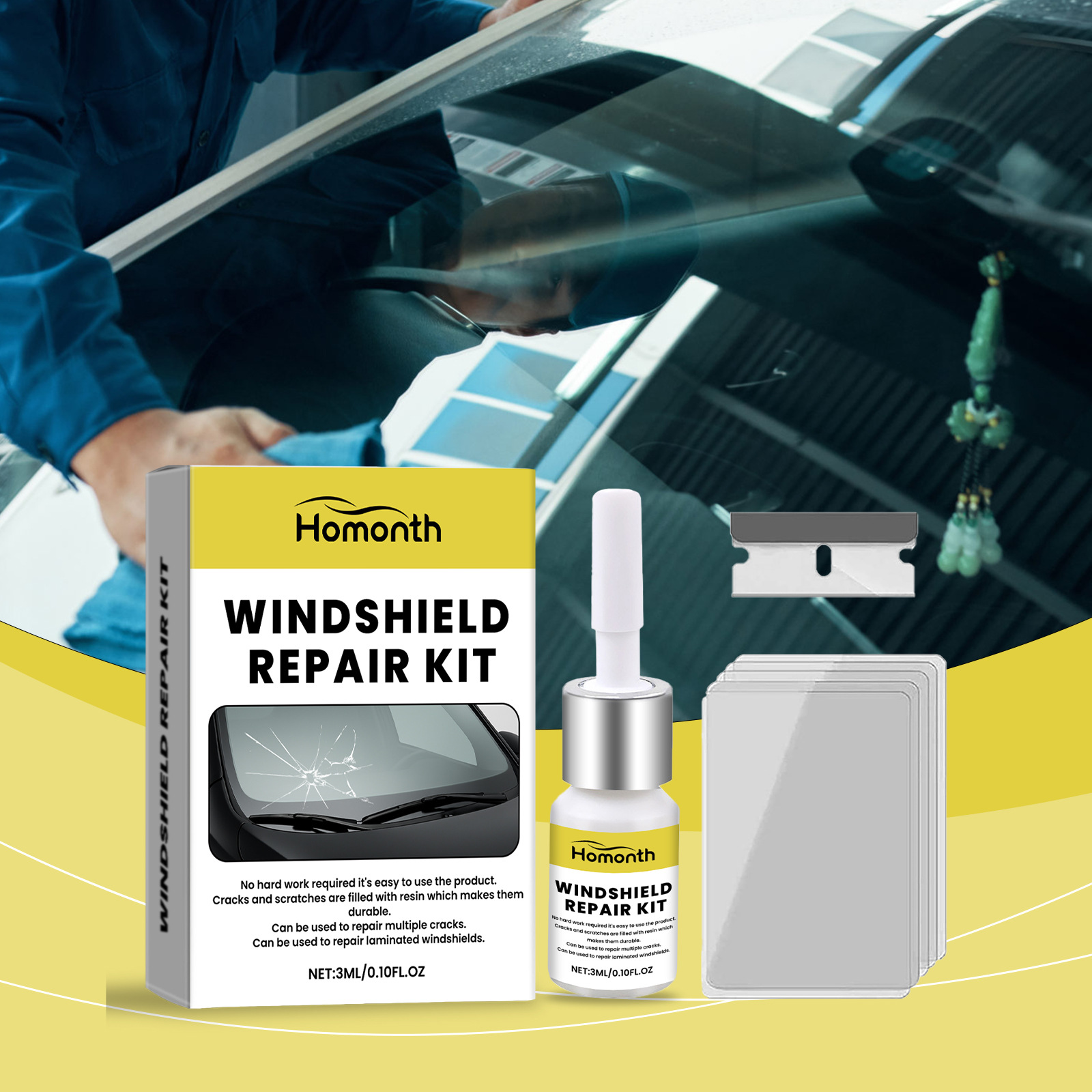 Homonth Car Windshield Care Three-Piece Set Crack Repair Cleaning Renovation Maintenance Protection Kit