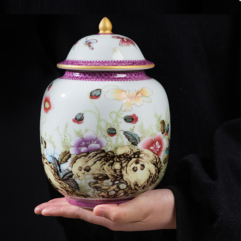 景德镇陶瓷 珐琅彩储物罐家用仿古中式大清乾隆粉彩山水人家盖罐