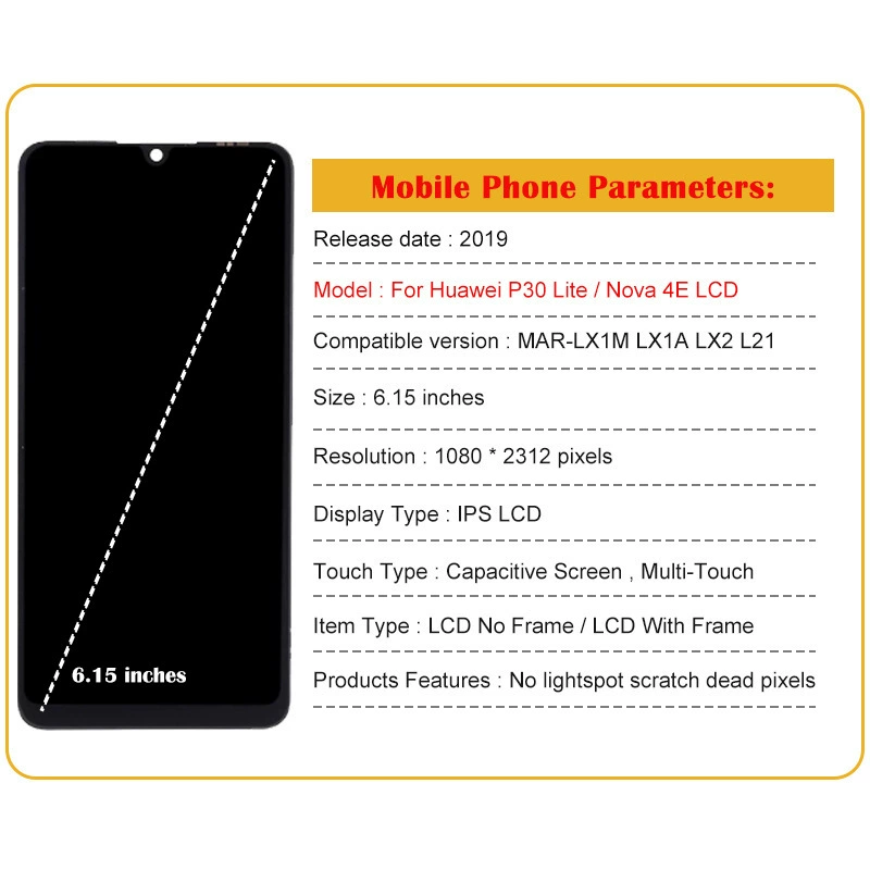 Подходит для экрана Huawei P30 Lite/nova 4e, внутренний и внешний корпус дисплея