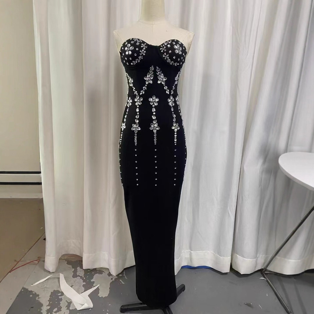 European and American Cross-Border New Women's Clothing Sexy Diamond-Encrusted Tube Top Evening Dress Ladylike Elegant Bandage Dress Dress