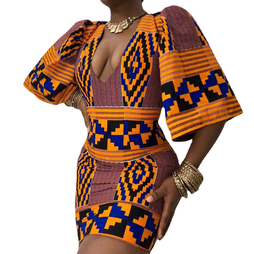 2021新品非洲性感女式深V领喇叭中袖包臀裙修身显瘦印尼连衣短裙