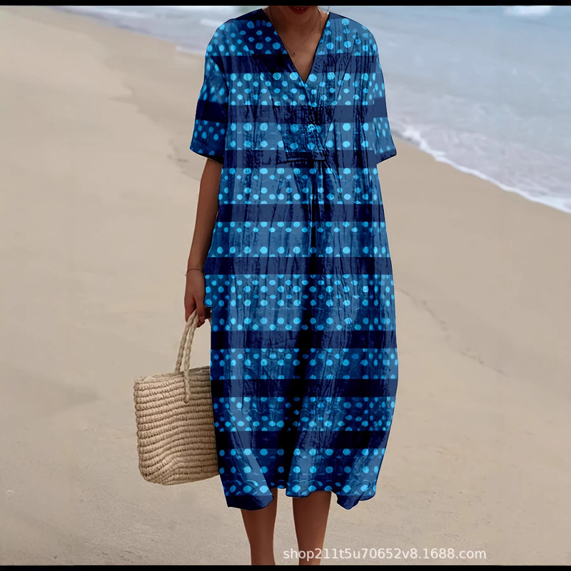 Beach Dress, Loose Long Dress, Seaside Vacation Robe, in Stock, V-Neck, Plus Size, Vacation Style, New Print