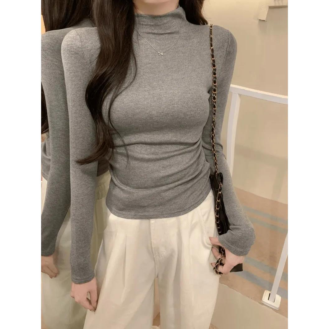 가을 겨울 여성을 위한 그레이 하이넥 기본 오른쪽 어깨 긴팔 티셔츠 새로운 디자인 주름 허리 밑단 셔츠