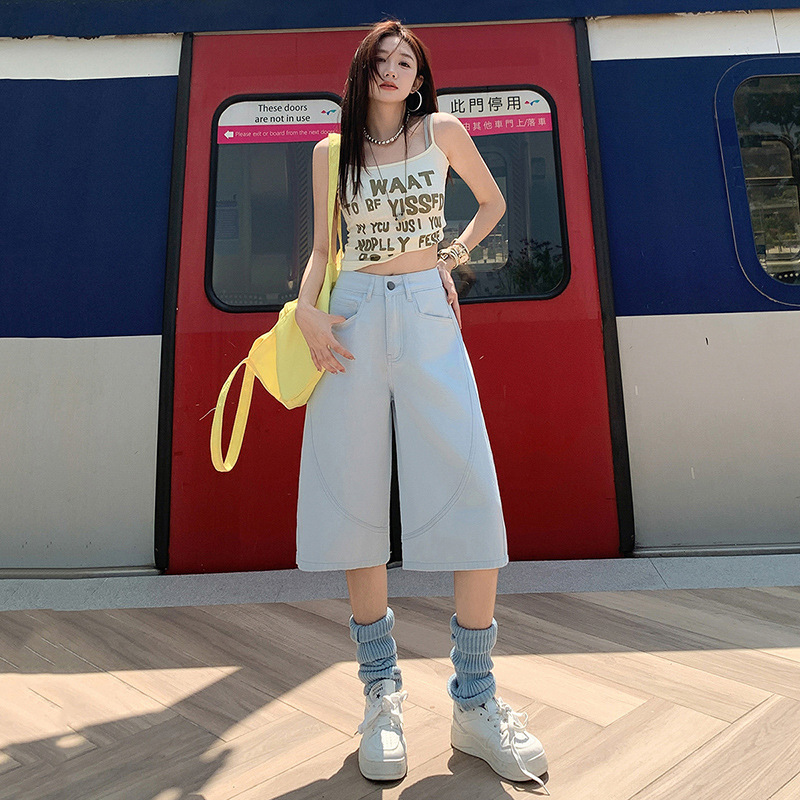 American High Street Petite Wide-Leg Cropped Denim Shorts for Women, Summer Cool High-Waisted Slimming Loose Straight Shorts