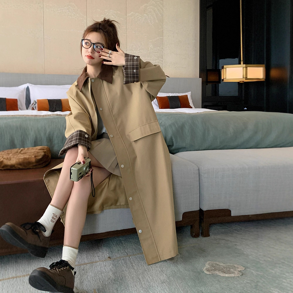 Khaki Trench Coat for Women, Long British Style, Tall and Stylish Design, Patchwork, Loose Casual Coat, Versatile