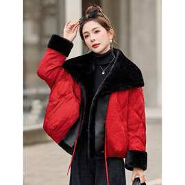 红色大翻领环保皮草拼接羽绒服女2025冬季洋气超好看短款保暖外套