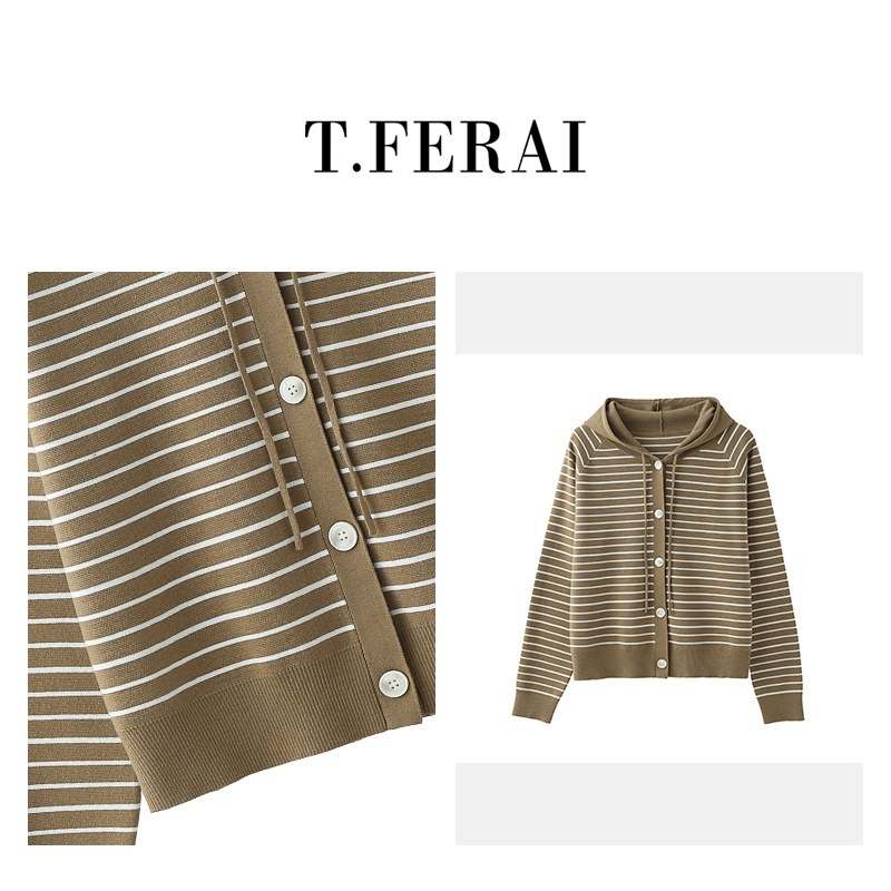 2026 Autumn/Winter New 6-Wool Blend Women's Knitted Commuter Versatile Striped Button Long-Sleeve Cardigan