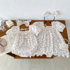 2024夏季新款女寶包屁衣嬰兒衣服女童碎花蕾絲連衣裙姐妹裝韓版夏