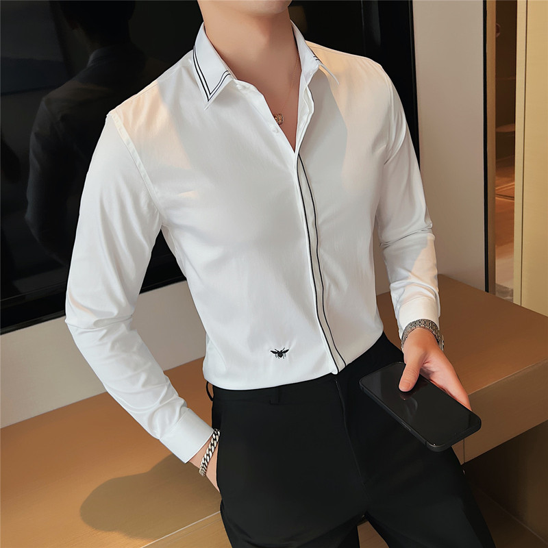 Wholesale men's shirt Korean slim fit exquisite small bee embroidery car bright line dark placket slim fit long sleeve shirt for men