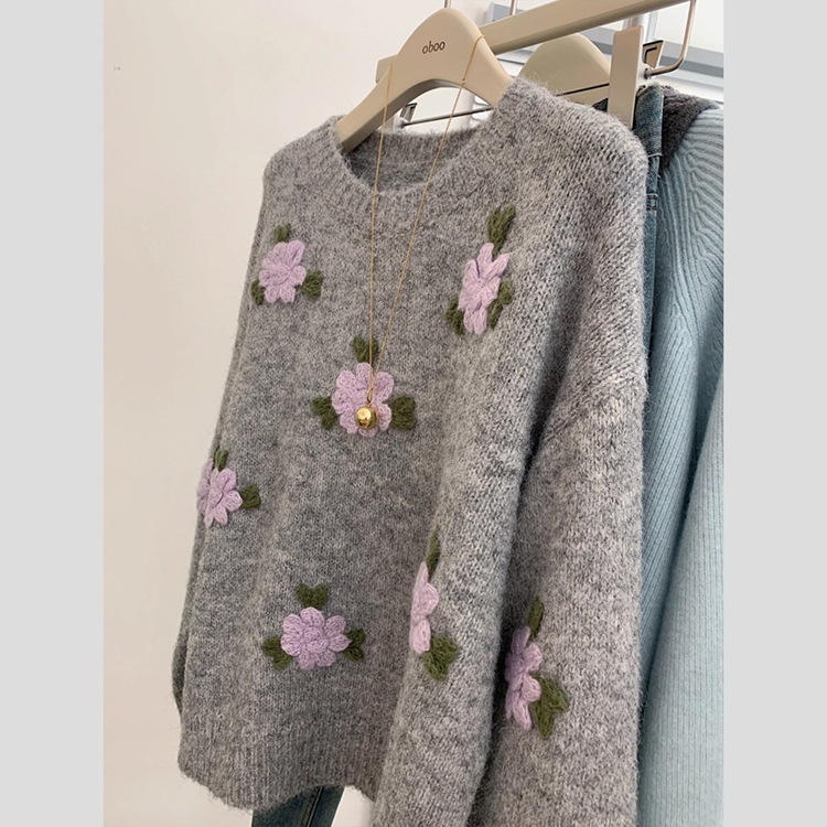 Collar redondo gris flor tridimensional bordado jersey jersey suéter de diseño para mujeres nicho suelto blusa delgada image 4
