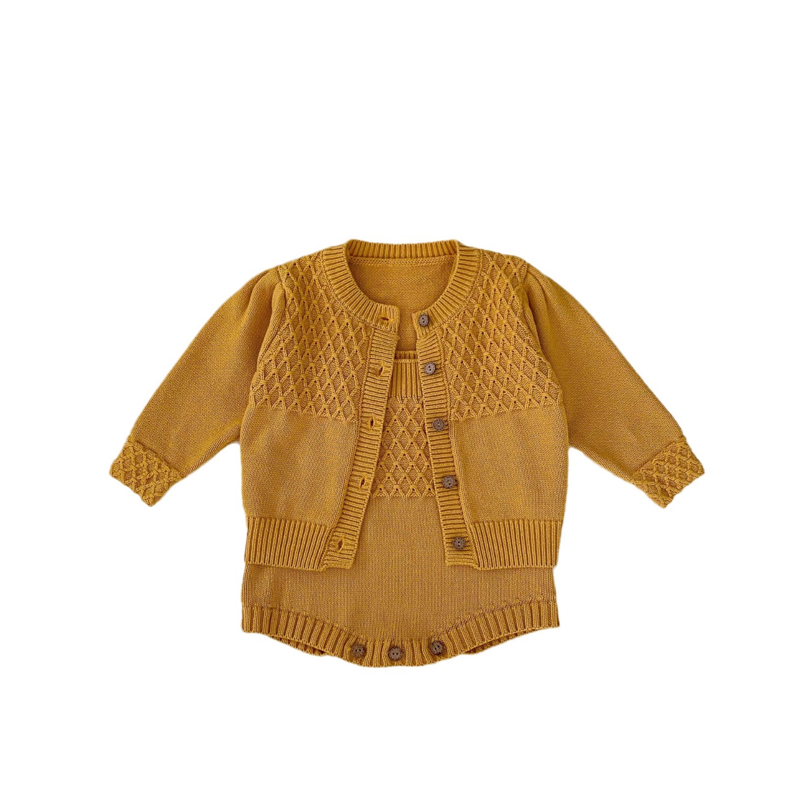Proljetna 2024. žuta pletena jakna za dojenčad i djevojčice + jednobojni kaput na naramenice, set od 2 dijela dostupan za sortiranje_voghion.com