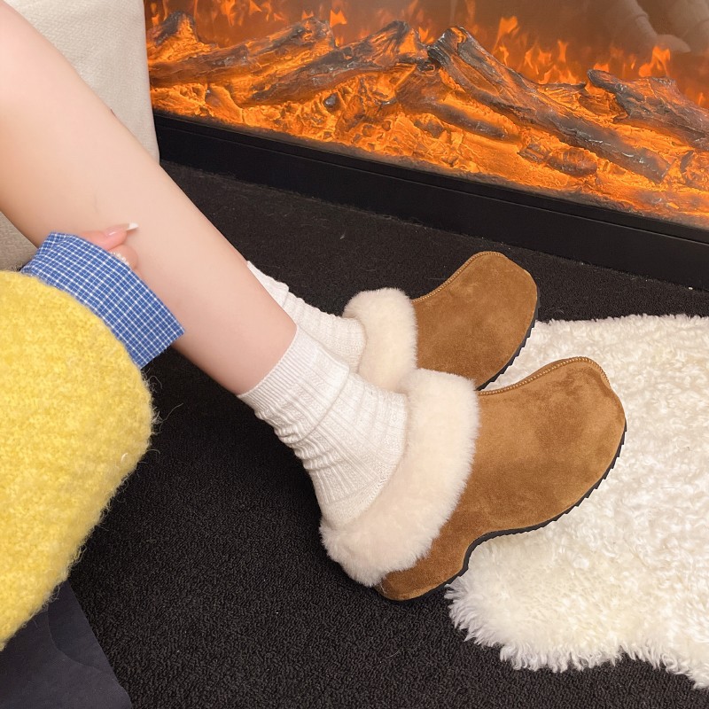 牛皮版勃肯鞋女款2025新款秋季加绒毛茸茸百搭厚底增高包头半拖鞋