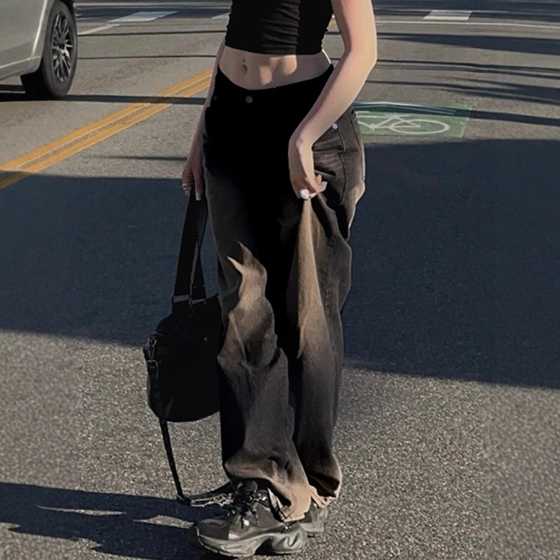 Sy886 Women's High-Waisted Street Style Black Plain Jeans Casual Full-Length Pants with Button Closure