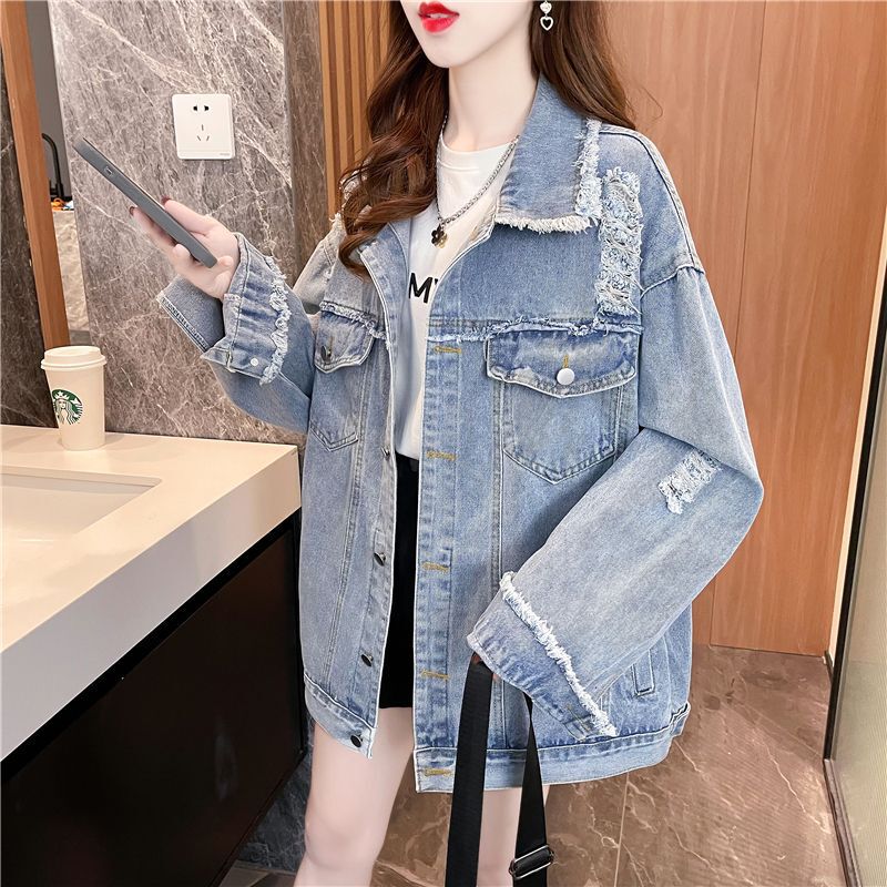Retro Hong Kong Style Denim Jacket for Women Spring and Autumn Thin Large Size Loose Street Casual Jacket Top