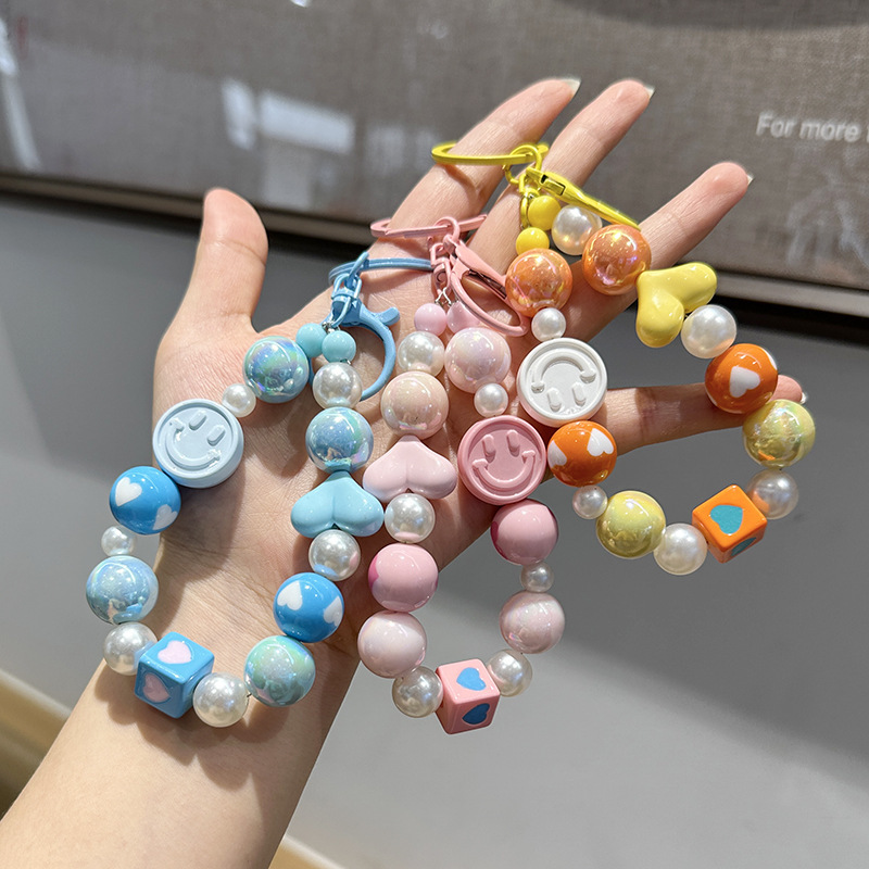 New smiley face bead chain key chain diy love cute girl school bag pendant car key chain ccd mobile phone chain