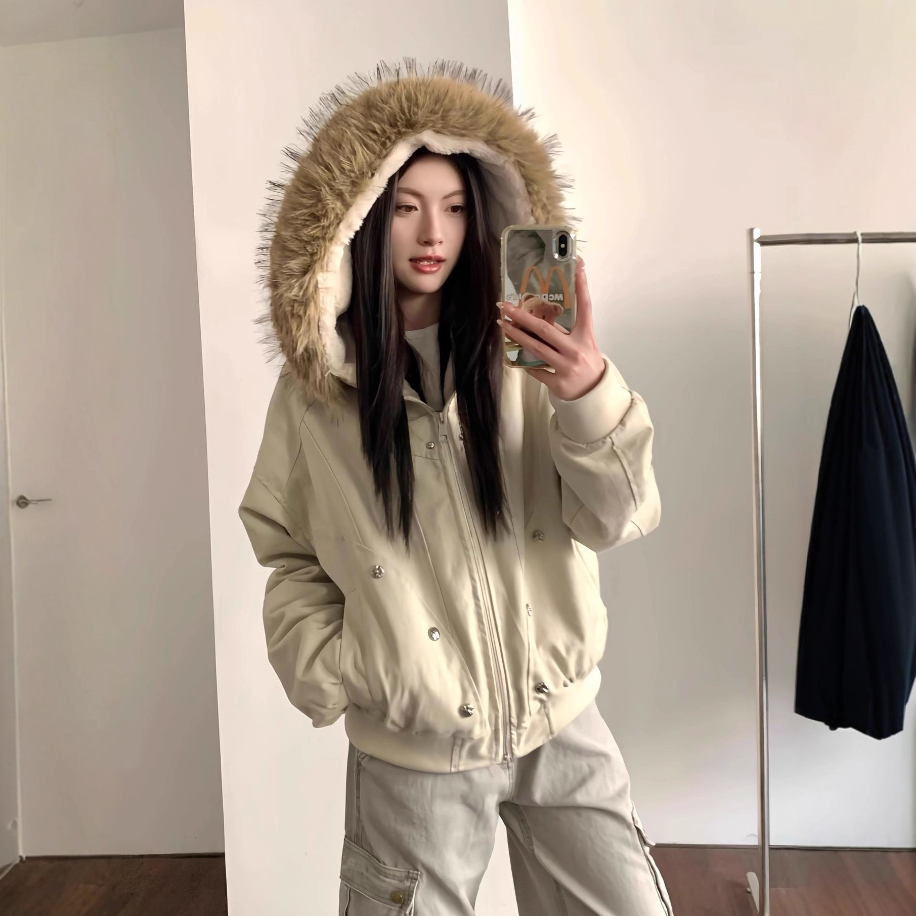 潮牌大毛领加绒外套男女冬季短款兔毛棉衣夹克cleanfit座山雕棉服