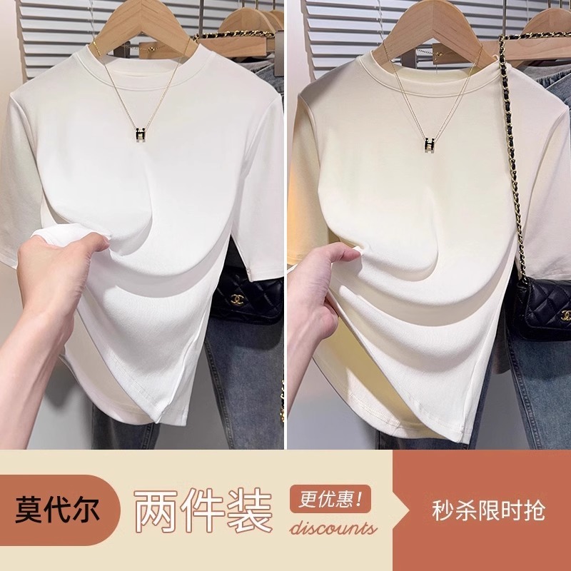 モーダル黒正肩中袖tシャツ女性夏春ねじ半袖丸襟修身五分袖底上着|undefined