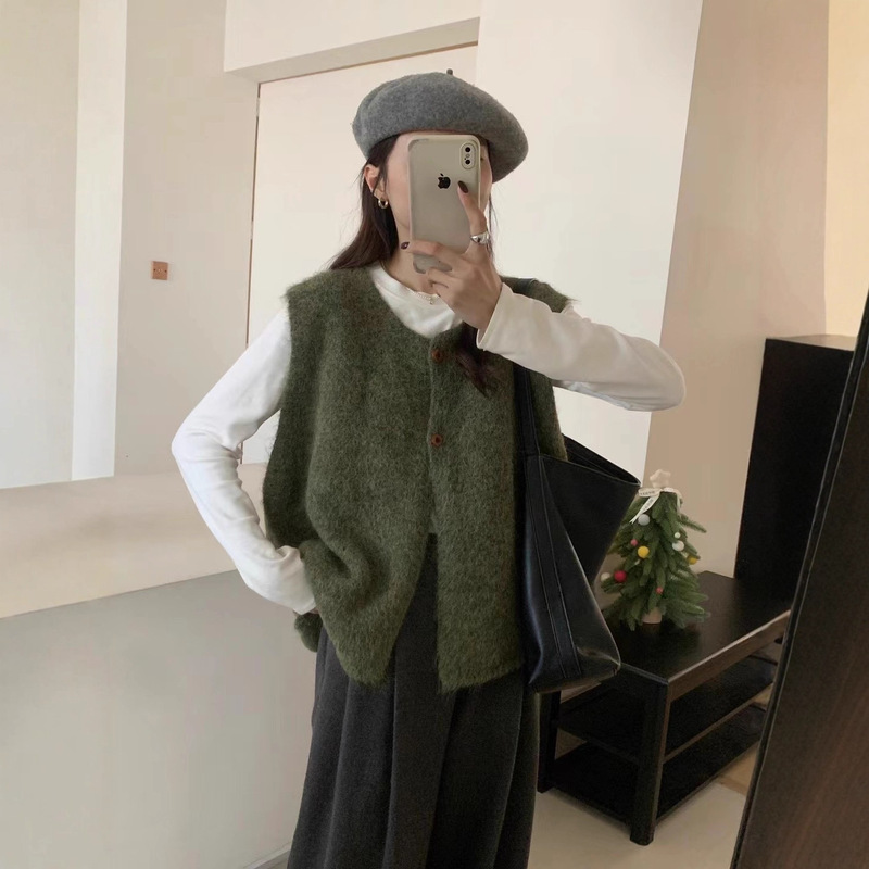 韩系简约百搭软糯慵懒风毛衣马甲女秋冬新款宽松叠穿针织背心|undefined