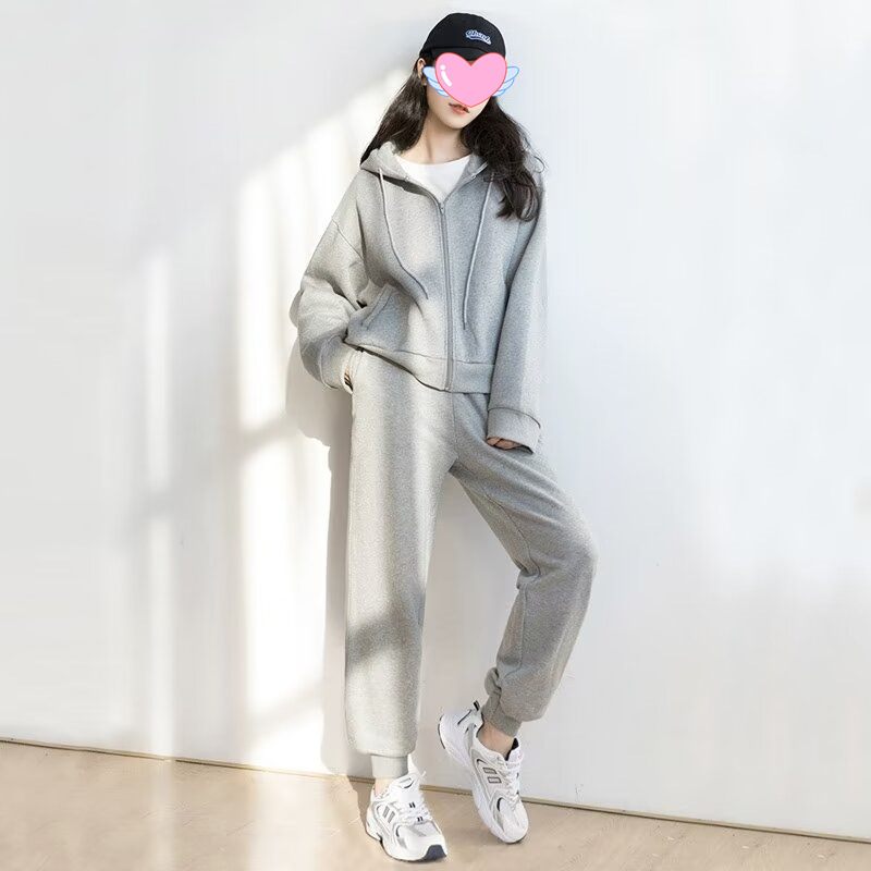 Solid Color Sportswear Set for Women, New Trendy Brand for Spring and Autumn, Versatile Casual Sweatpants, Korean Style Hooded Zip-Up Sweatshirt for Men