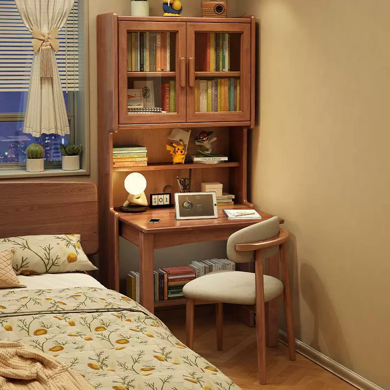 实木折叠书桌书架一体桌家用电脑桌小户型书柜组合伸缩办公学习桌
