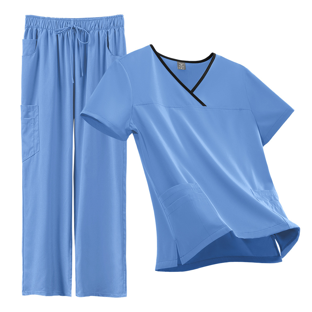 Summer Thin Unisex Color-Blocking Scrub Set Straight-Leg Pants Beauty Salon Pet Shop Employee Work Uniform Set