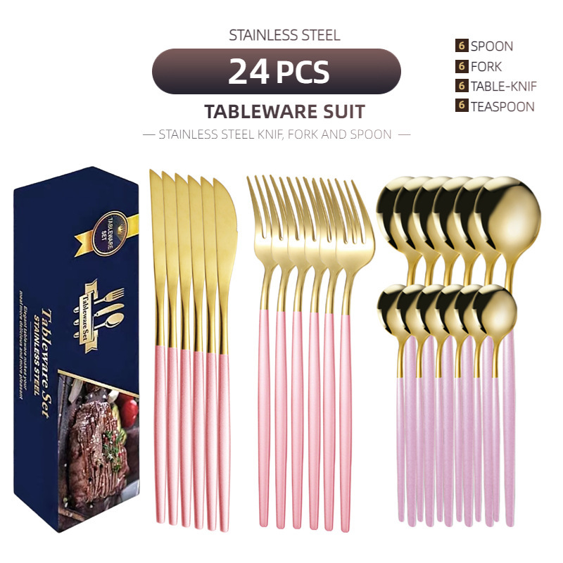 国境を越えたアマゾンポルトガルステンレス食器チタンメッキ金色ギフトボックス品ステーキナイフフォークスプーン24点セット|undefined