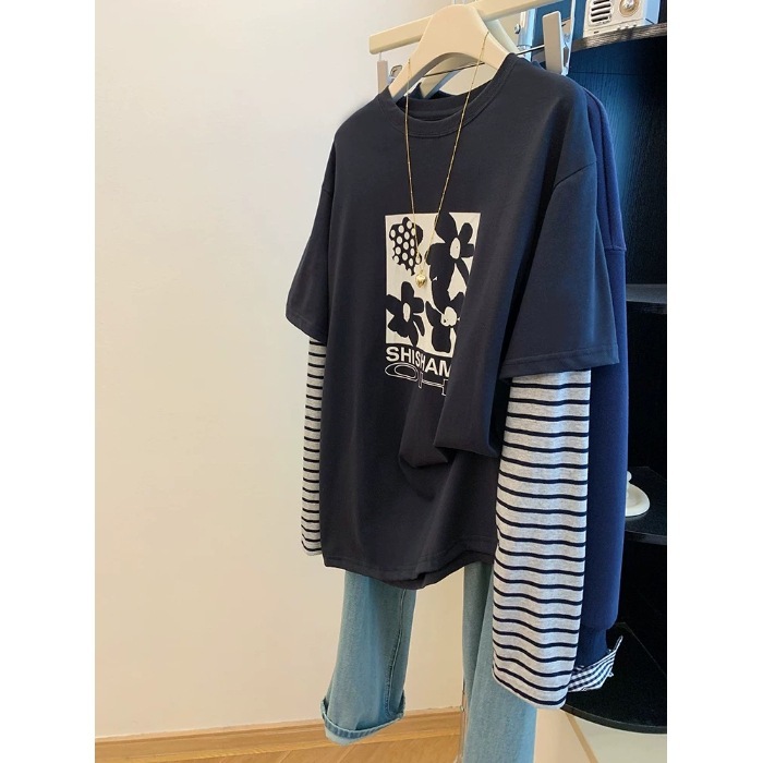 特大码300斤时尚拼接条纹长袖t恤女早秋季新款时尚假两件圆领上衣|undefined