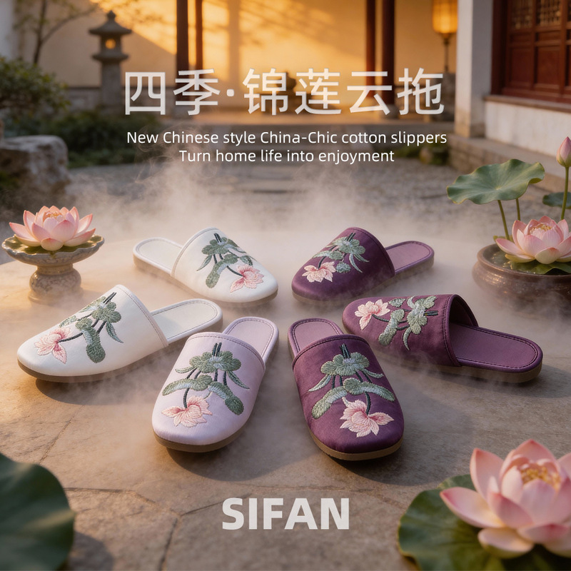Silk Elegant National Style Brocade Lotus Four Seasons Slippers National Style Embroidered Sandals Home Ethnic Style Non-Slip Embroidery New Chinese Style