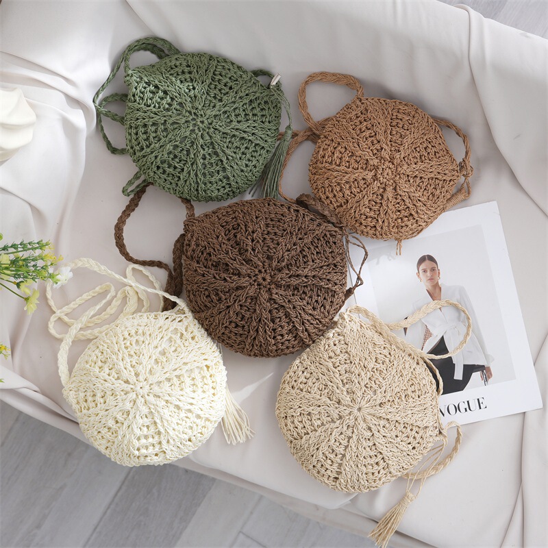 Cross-Border New Style Round Paper Rope Woven Bag with Paper Rope Tassels, Crossbody Woven Bag, Women's Shoulder Bag, Summer Beach Bag