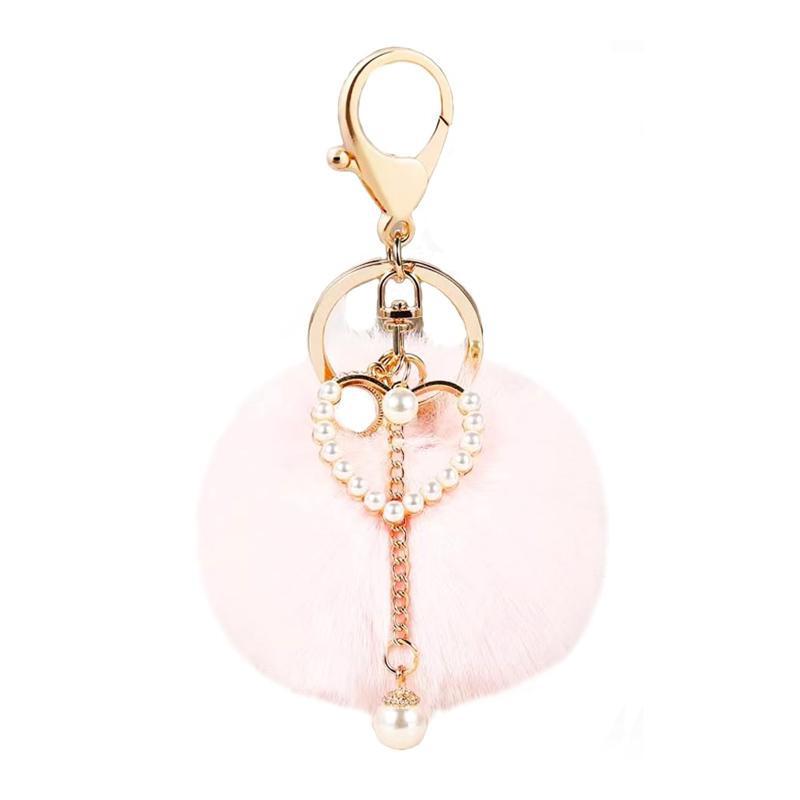 Pearl Keychain Pom Pom Keychain Soft Artificial Rabbit Fur Plush Fluffy Ball Keychain for Women