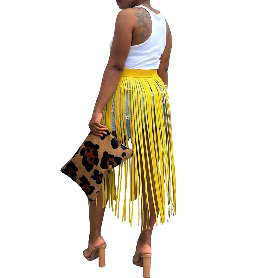 Punk Style Long Tassel Midi Skirt American Solid Color Below Knee Beach Style Thin Summer Skirt_ecoleips.com