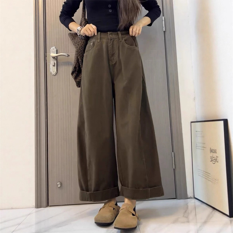 2025 Winter Fleece-Lined Thickeneded Brown Wide-Leg Jeans for Women Fat mm Pear-Shaped High-Waisted Loose Lazy Straight Pants