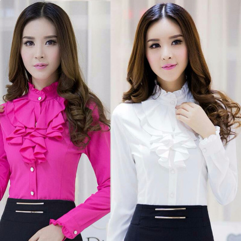 New Style Cotton Slim-Fit Stand-Up Collar Lace Shirt, Plus-Size Women's Long-Sleeve Ruffle Collar Base Shirt, Professional Wear