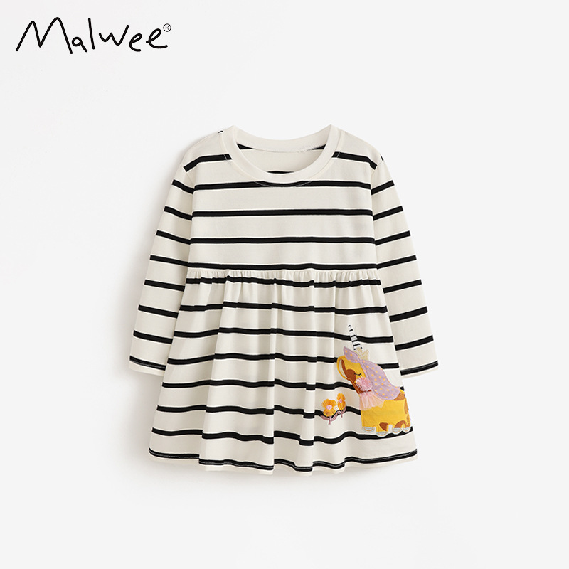 Transfronterizo malwee vestido a rayas de niñas otoño y invierno nuevo estilo europeo y americano de niños de media edad cuello redondo manga larga linda falda de princesa