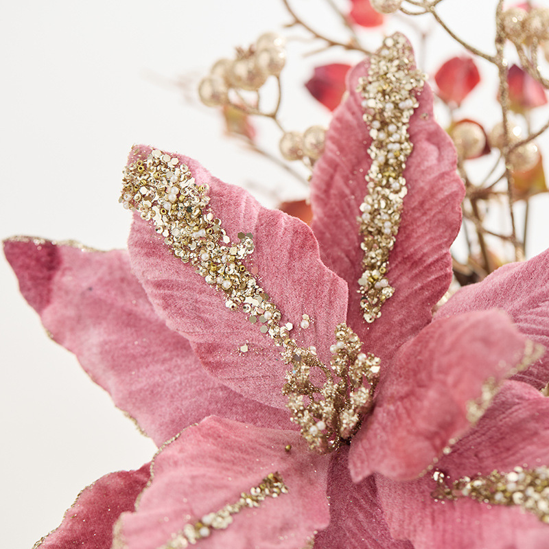 Nuevos productos transfronterizos de alta calidad, flores de Navidad rosa, decoraciones de Navidad, props de diseño de escenas de vacaciones